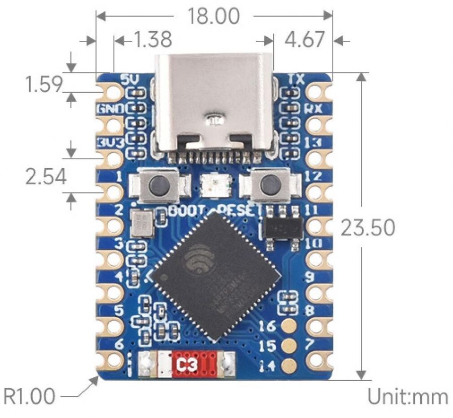 Oficjalny rysunek techniczny wymiarów ESP32-S3-Zero z dokumentacji Waveshare
